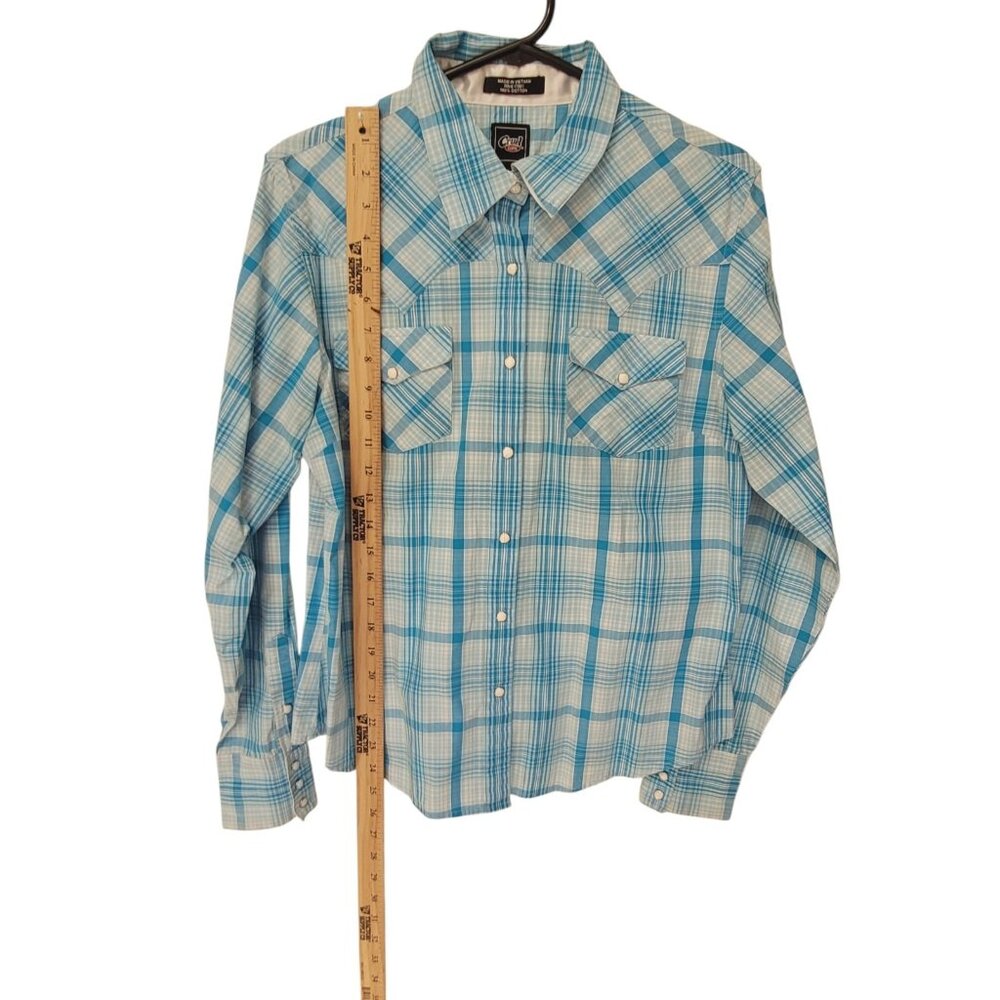 Cruel Girl Western Shirt Large Long Sleeve Pearl Snap Blue Plaid - Picture 3 of 11